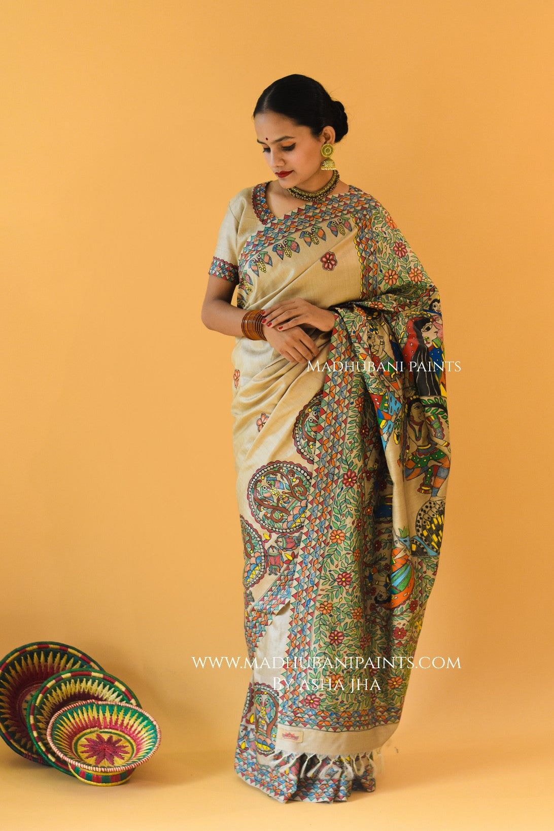 'PYAARE KANHA' Handpainted Madhubani Tussar Silk Saree Blouse set