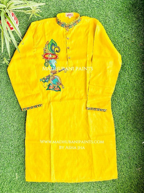Yellow Krishna's Mor Paankh Hand-painted  Madhubani Men's Tussar Silk Kurta