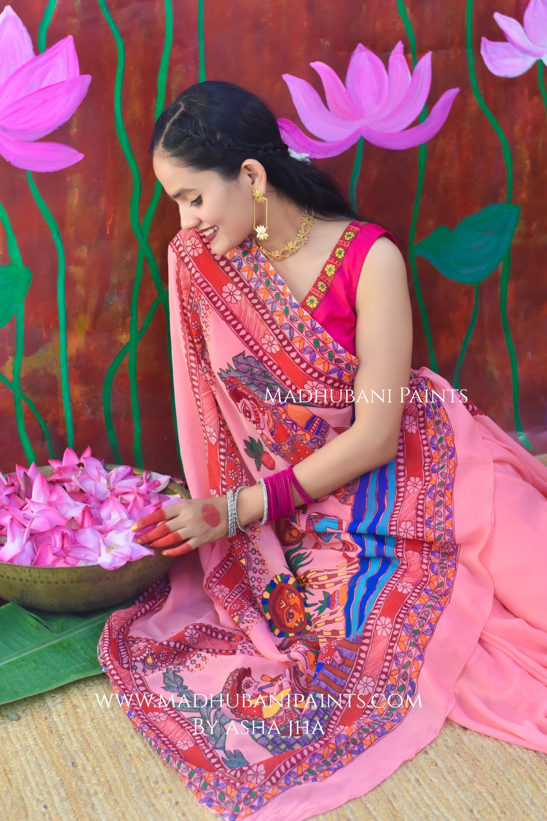 POOJA VIBHUTI Chhath Puja Handpainted Madhubani Georgette Saree