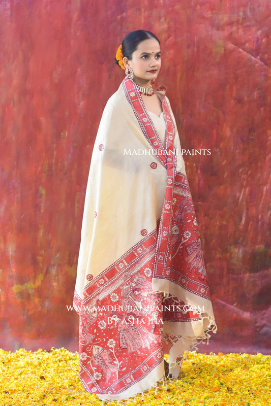 'LAAL DOLI' Handpainted Madhubani Tussar Silk Dupatta