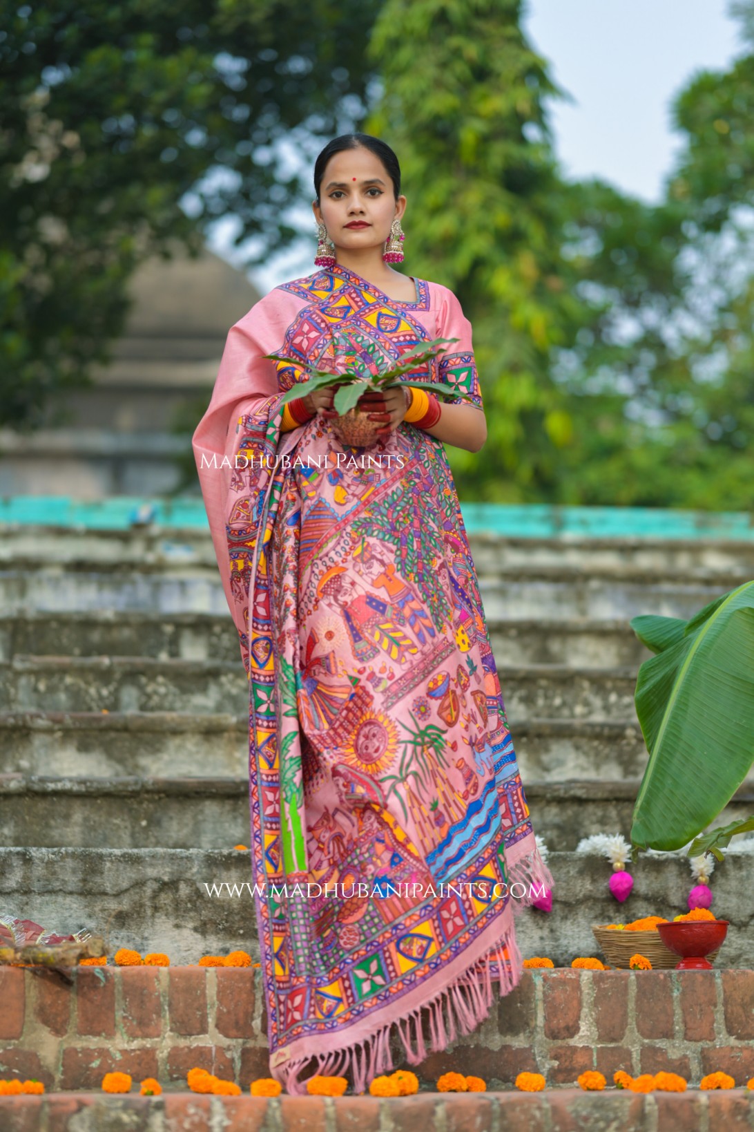 VRATI VANDANA Chhath Puja Handpainted Madhubani Tussar Silk Saree Blouse Set