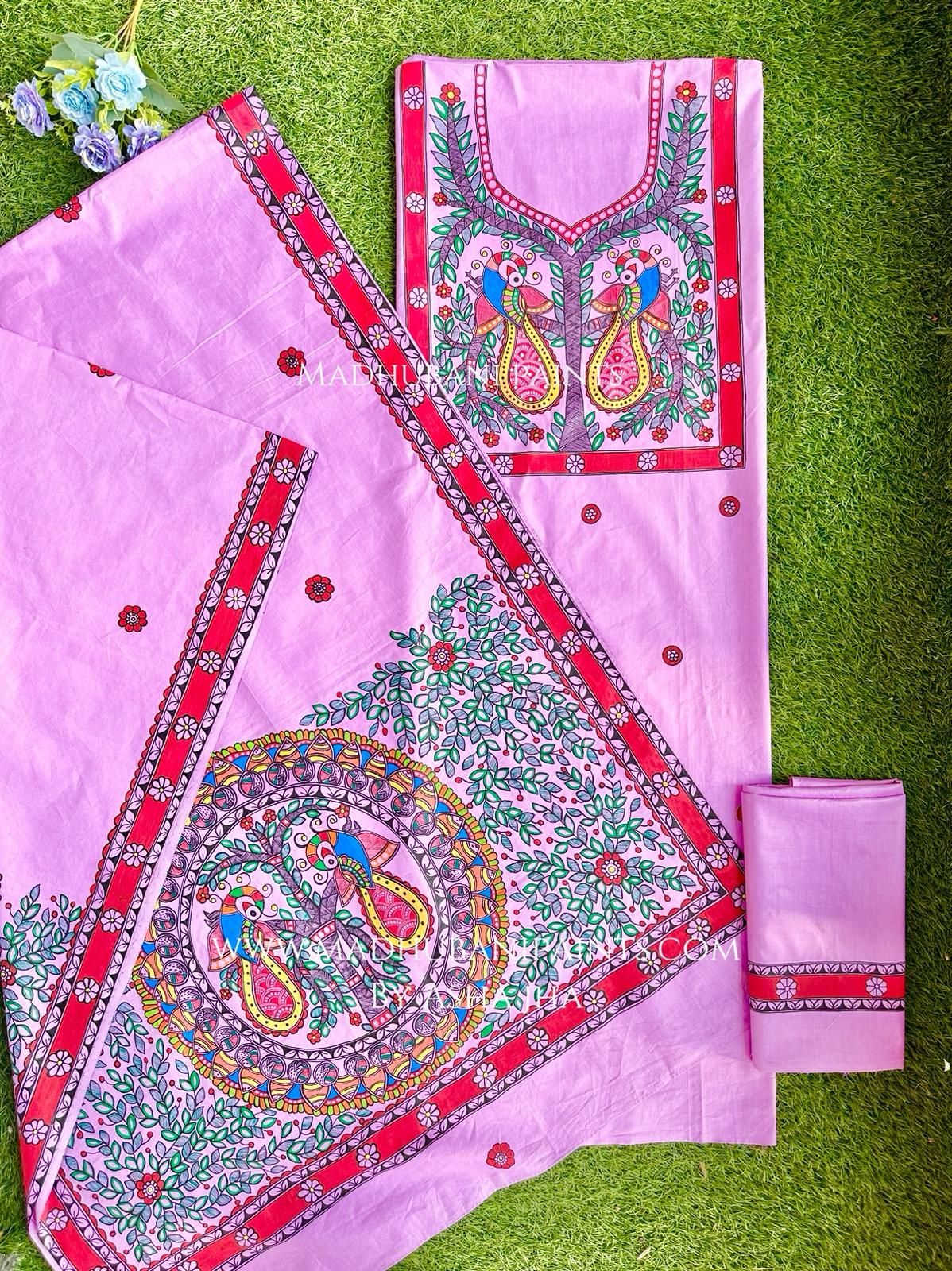 Lilac Judwa Mayuri Hand-painted Madhubani Painting Cotton Unstitched Kurta Pant Dupatta Set