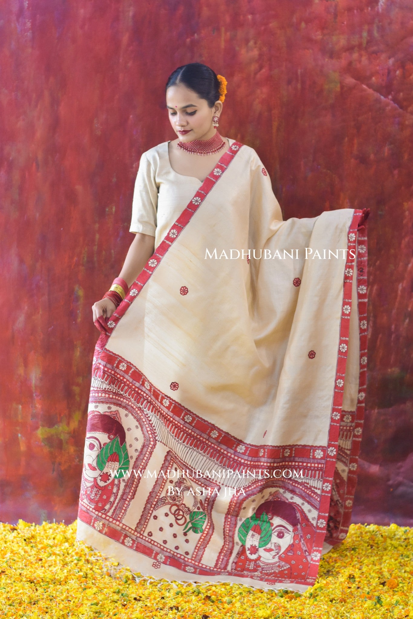 'BENGALI DULHAN' Handpainted Madhubani Tussar Silk Dupatta