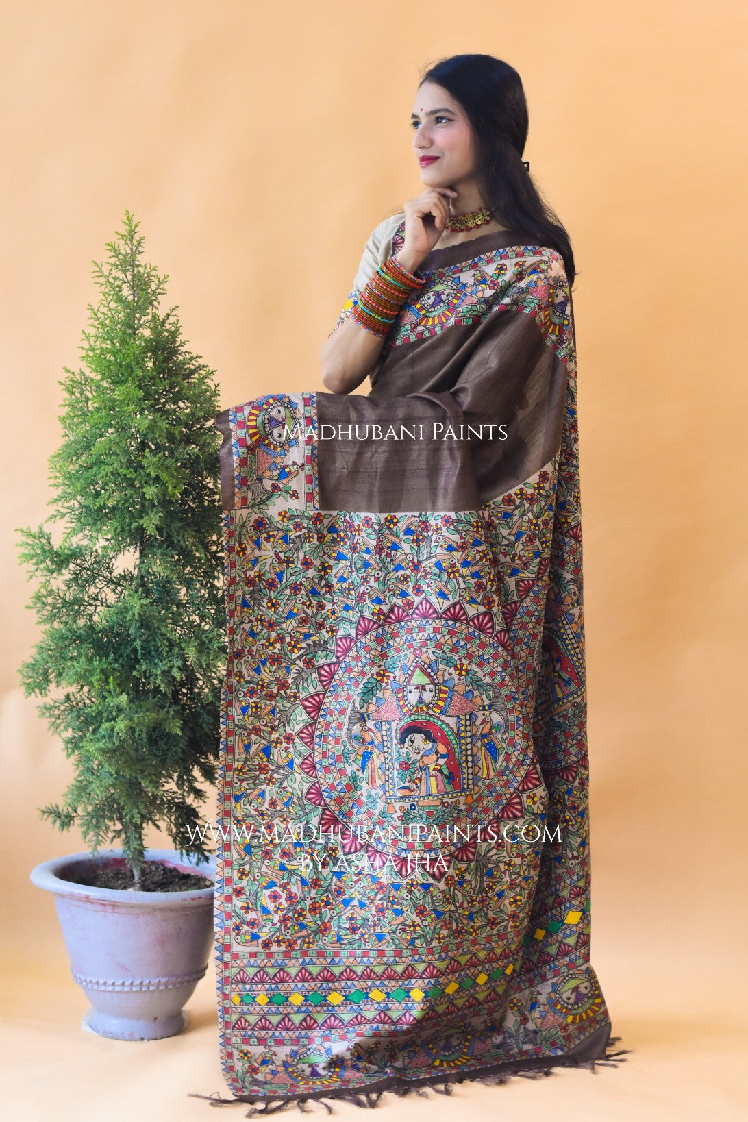 SUNDERBAN SAHELI Hand-painted Madhubani Tussar Silk Saree