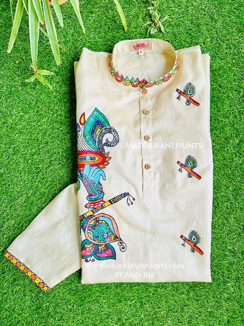 Krishna's Mor Paankh  Boota Hand-painted  Madhubani Men's Tussar Silk Kurta