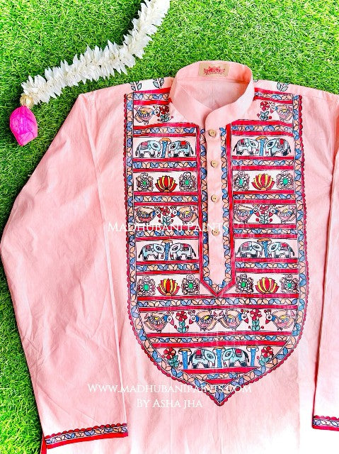 Pink Hathi Mor Machli  Hand-painted  Madhubani Men's Cotton Kurta