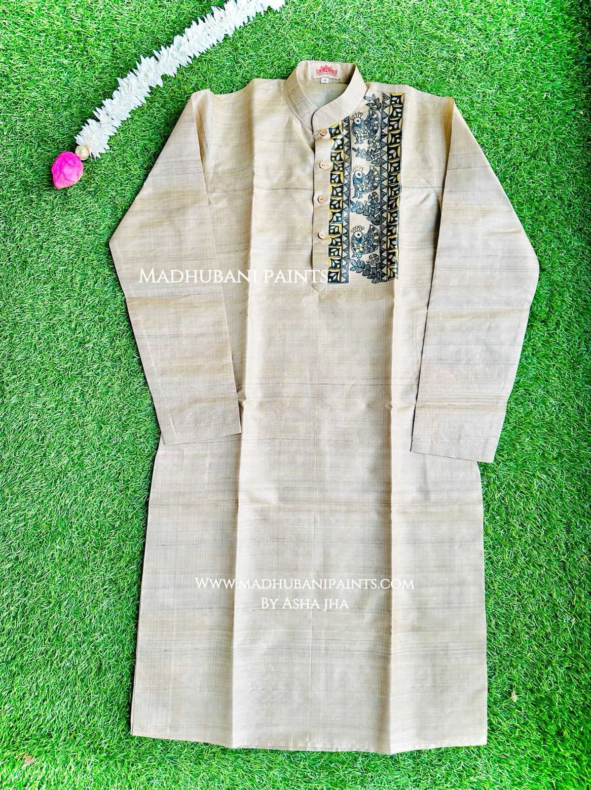 Golden Mithila Border Hand-painted Handloom Men's Tussar Silk Kurta