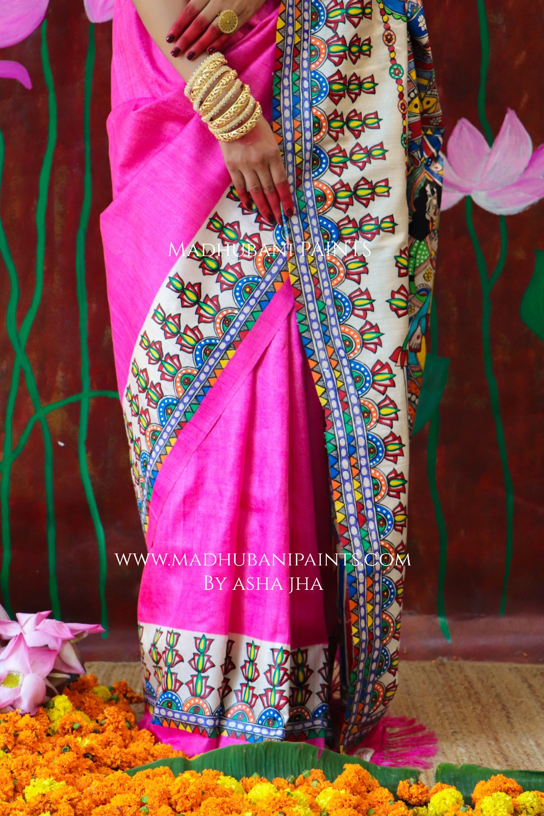 'PADMANABHA SAHODARI' Handpainted Madhubani Tussar Silk Saree Blouse Set