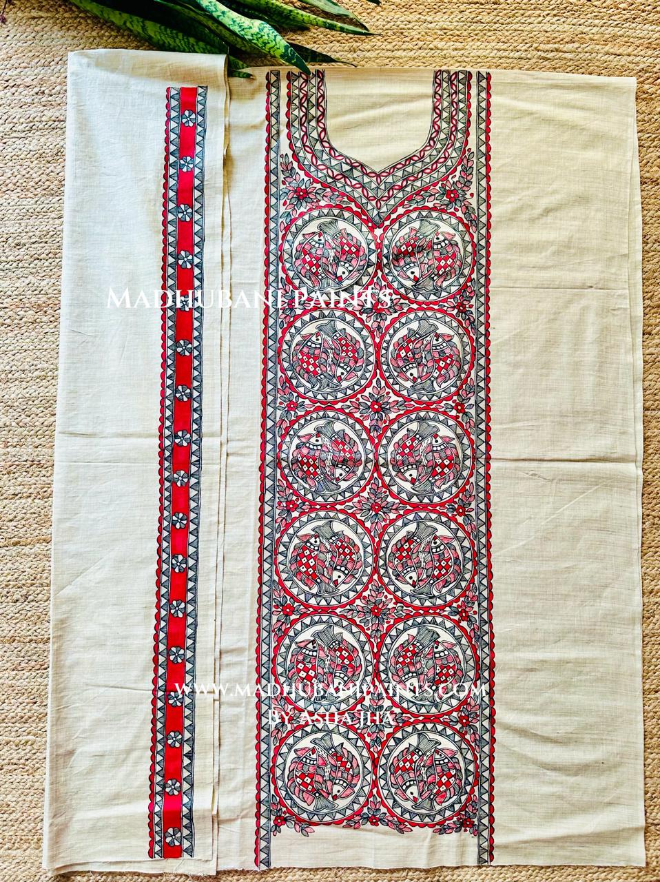 Mithila Maach Hand-painted Madhubani Painting Cotton Unstitched Kurta Pant Dupatta Set