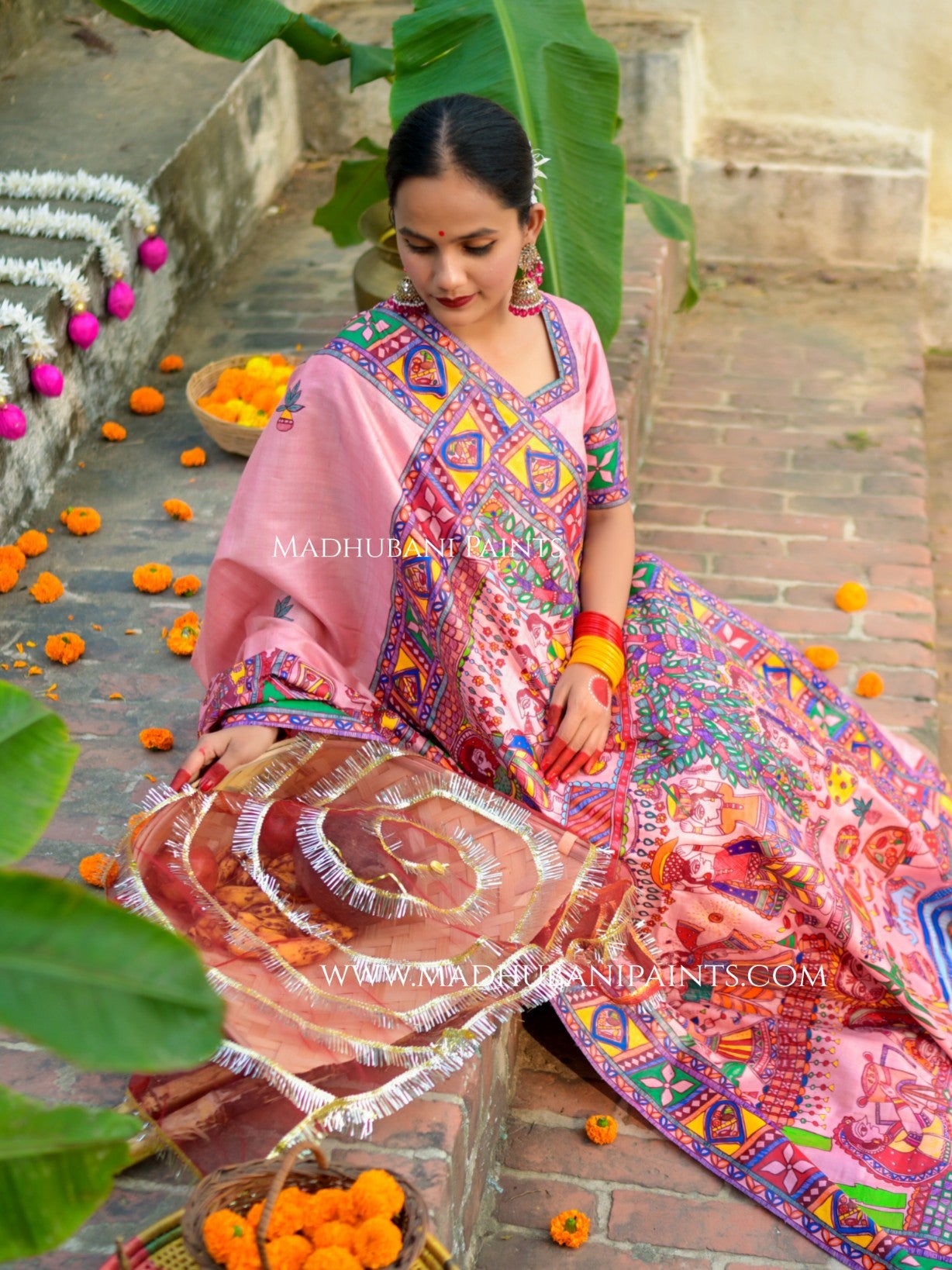 VRATI VANDANA Chhath Puja Handpainted Madhubani Tussar Silk Saree Blouse Set