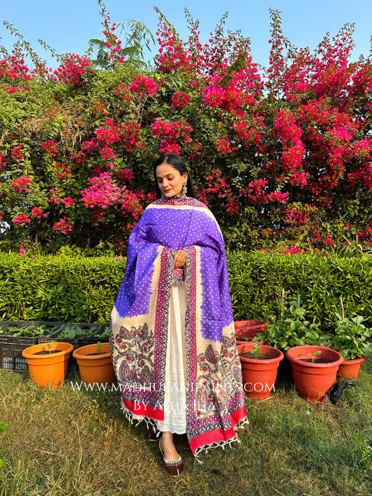 'BANDHINI MAYURI' Handpainted Madhubani Tussar Silk Dupatta