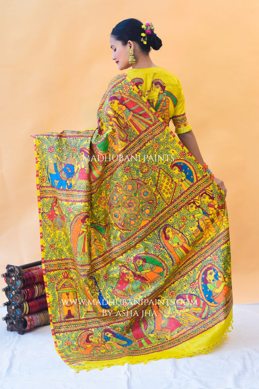 SAUBHAGYAVATI BHAVA Hand-painted Madhubani Tussar Silk Saree Blouse Set