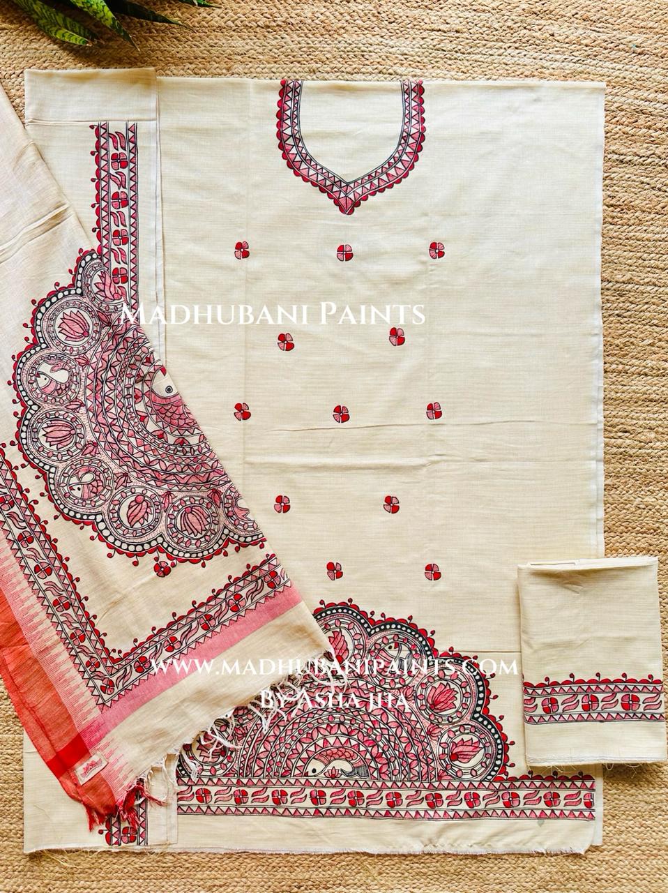 Saankh Kamal Hand-painted Madhubani Painting Cotton Unstitched Kurta Pant Dupatta Set