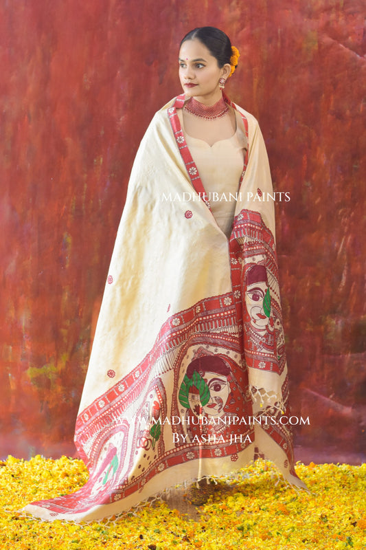 'BENGALI DULHAN' Handpainted Madhubani Tussar Silk Dupatta