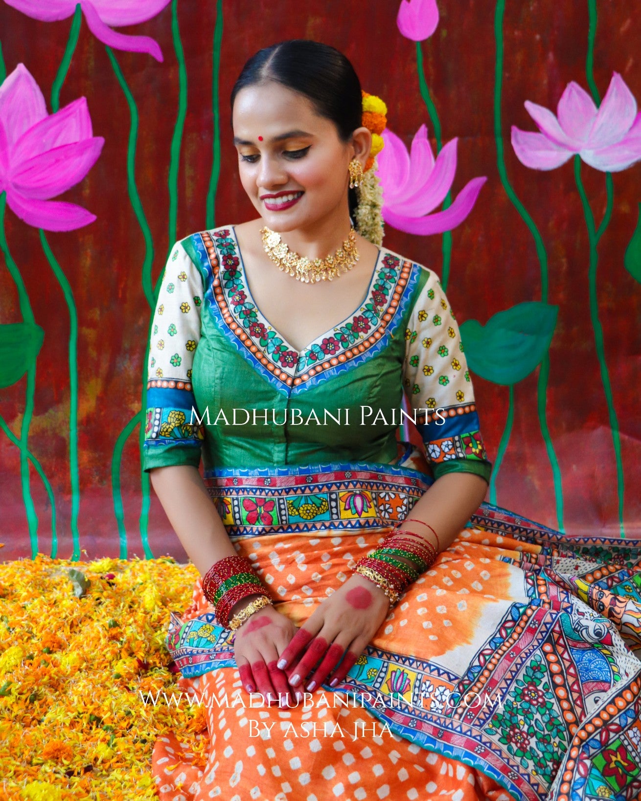 "BHARAT KA DUSSEHRA" Handpainted Madhubani Bandhini Tussar Silk  Blouse