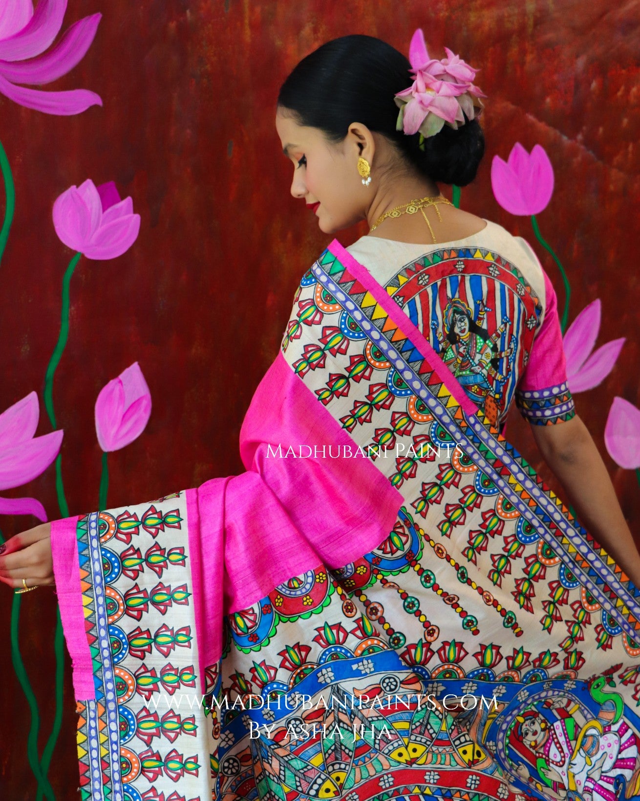 'PADMANABHA SAHODARI' Handpainted Madhubani Tussar Silk Saree