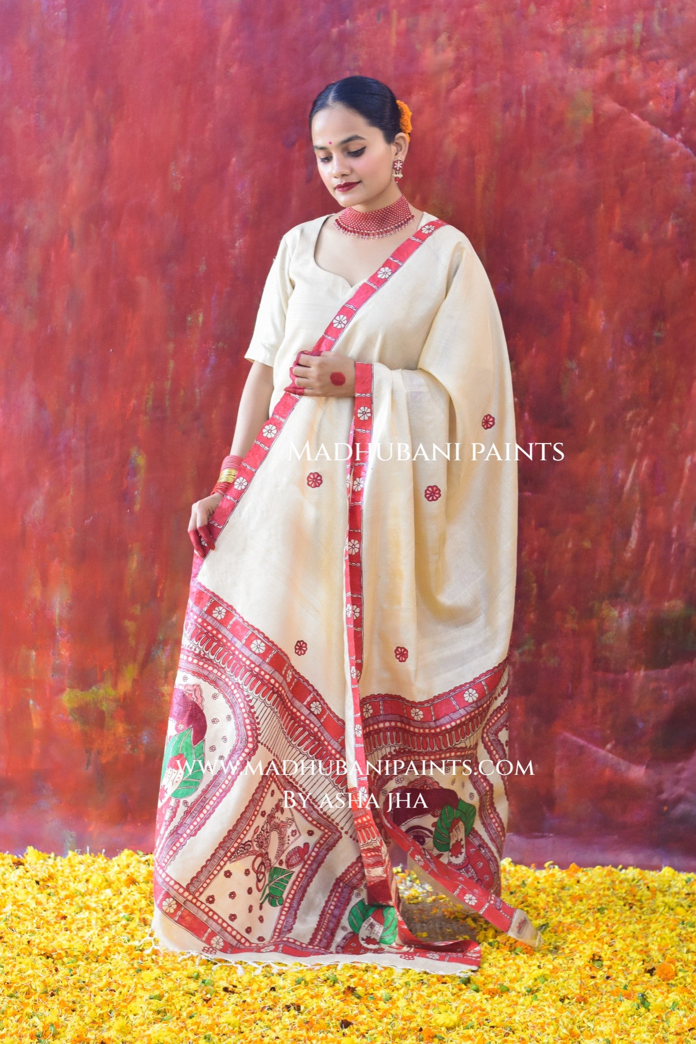 'BENGALI DULHAN' Handpainted Madhubani Tussar Silk Dupatta