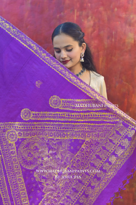 'RAM DARBAR' Handpainted Madhubani Tussar Silk Dupatta