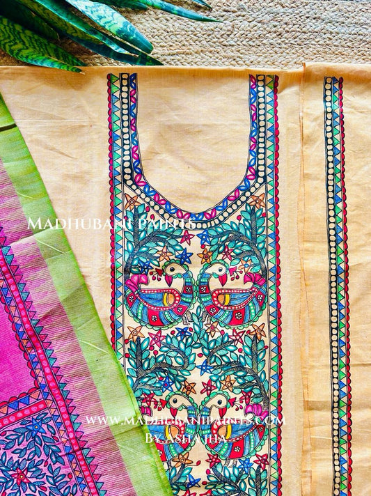 Mithila Mayuri Hand-painted Madhubani Painting Cotton Unstitched Kurta Pant Dupatta Set