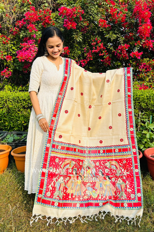 'DOli KA HAAR' Handpainted Madhubani Tussar Silk Dupatta