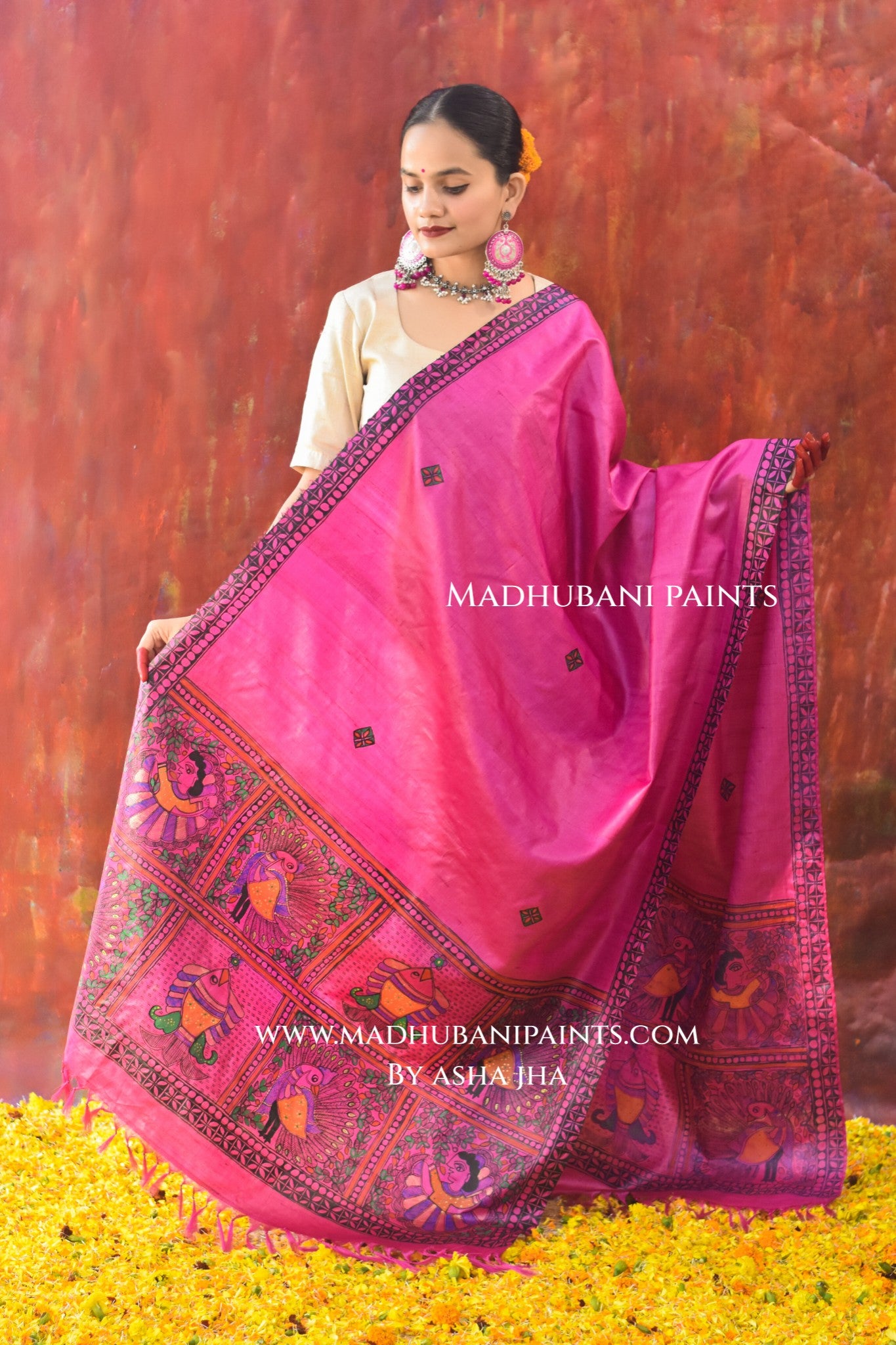 'GUDIYA MOR MACHLI' Handpainted Madhubani Tussar Silk Dupatta