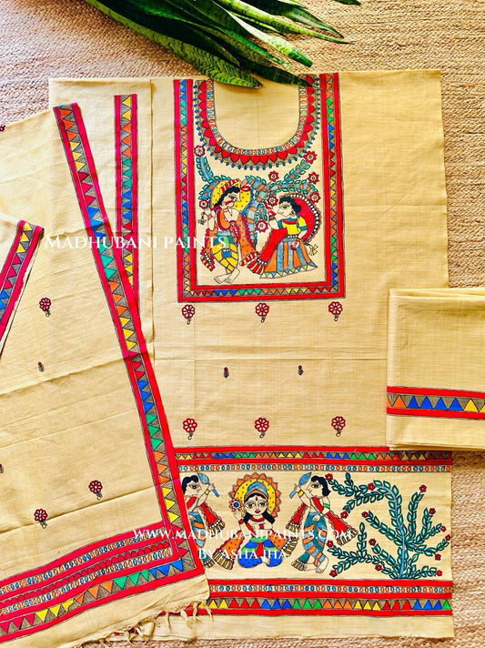 Radha krishna Hand painted Unstitched Cotton Suit Set