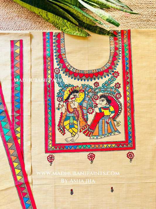 Radha krishna Hand painted Unstitched Cotton Suit Set