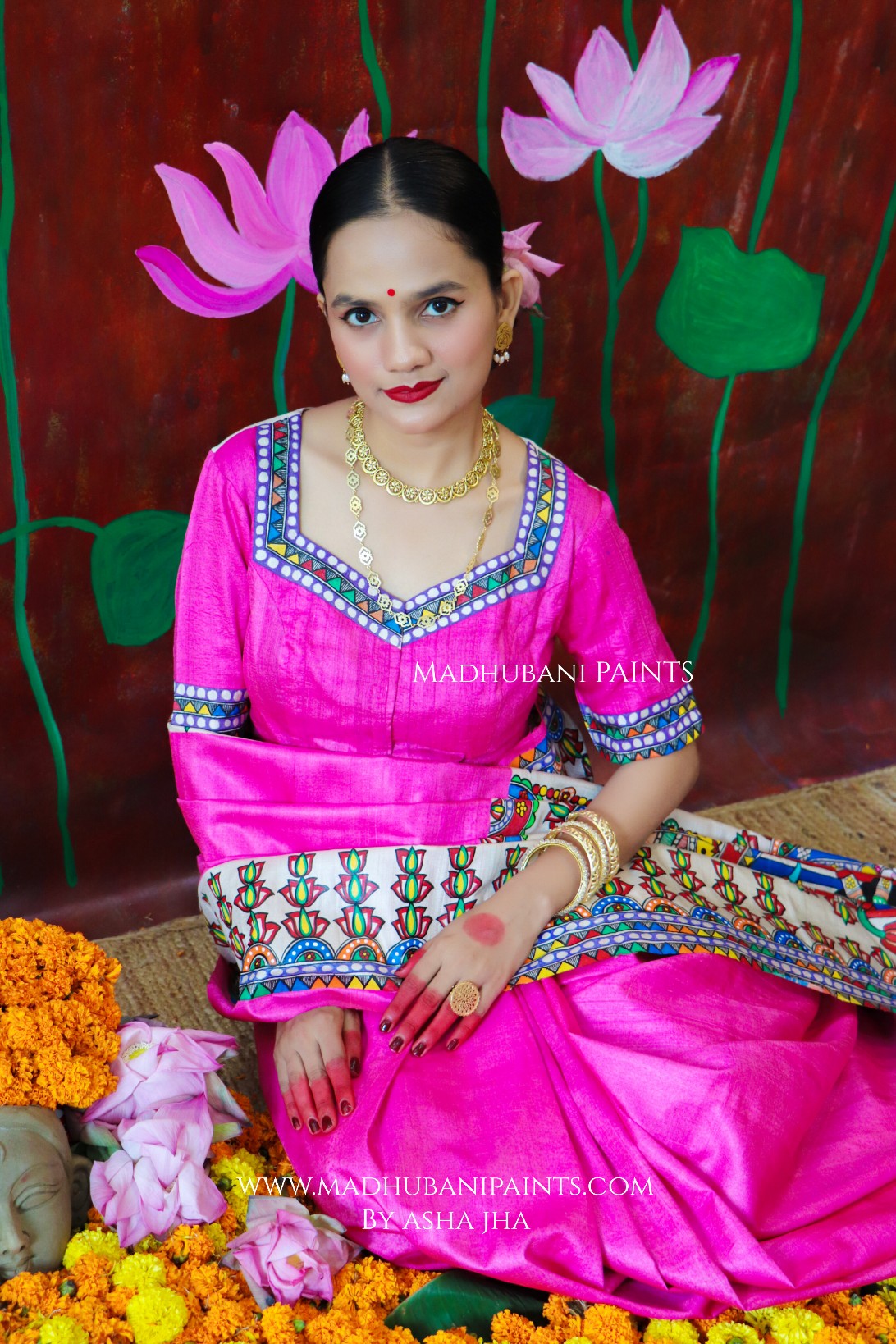 'PADMANABHA SAHODARI' Handpainted Madhubani Tussar Silk Saree Blouse Set