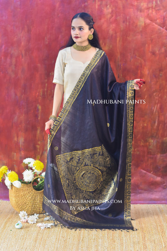 'KAALI MORNI' Handpainted Madhubani Tussar Silk Dupatta