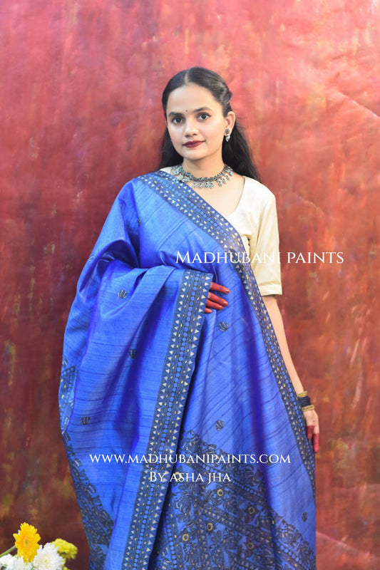 'NEEL SURMAI RANG' Handpainted Madhubani Tussar Silk Dupatta