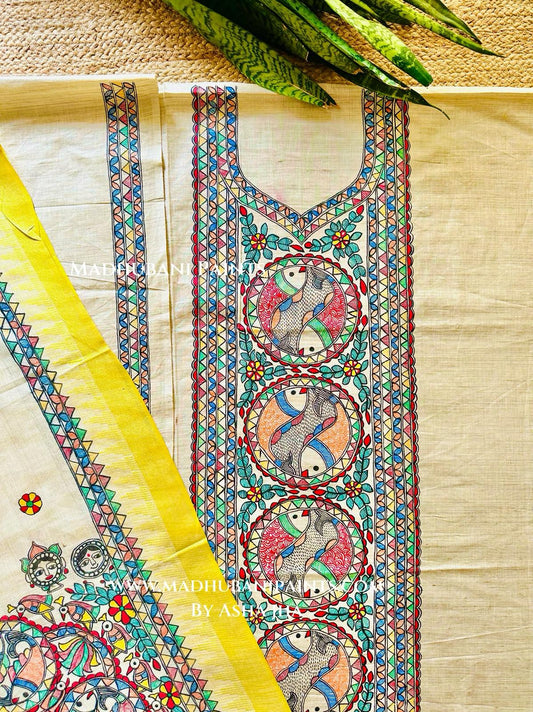 Kohbar Matsya Leela Hand-painted Madhubani Painting Cotton Unstitched Kurta Pant Dupatta Set