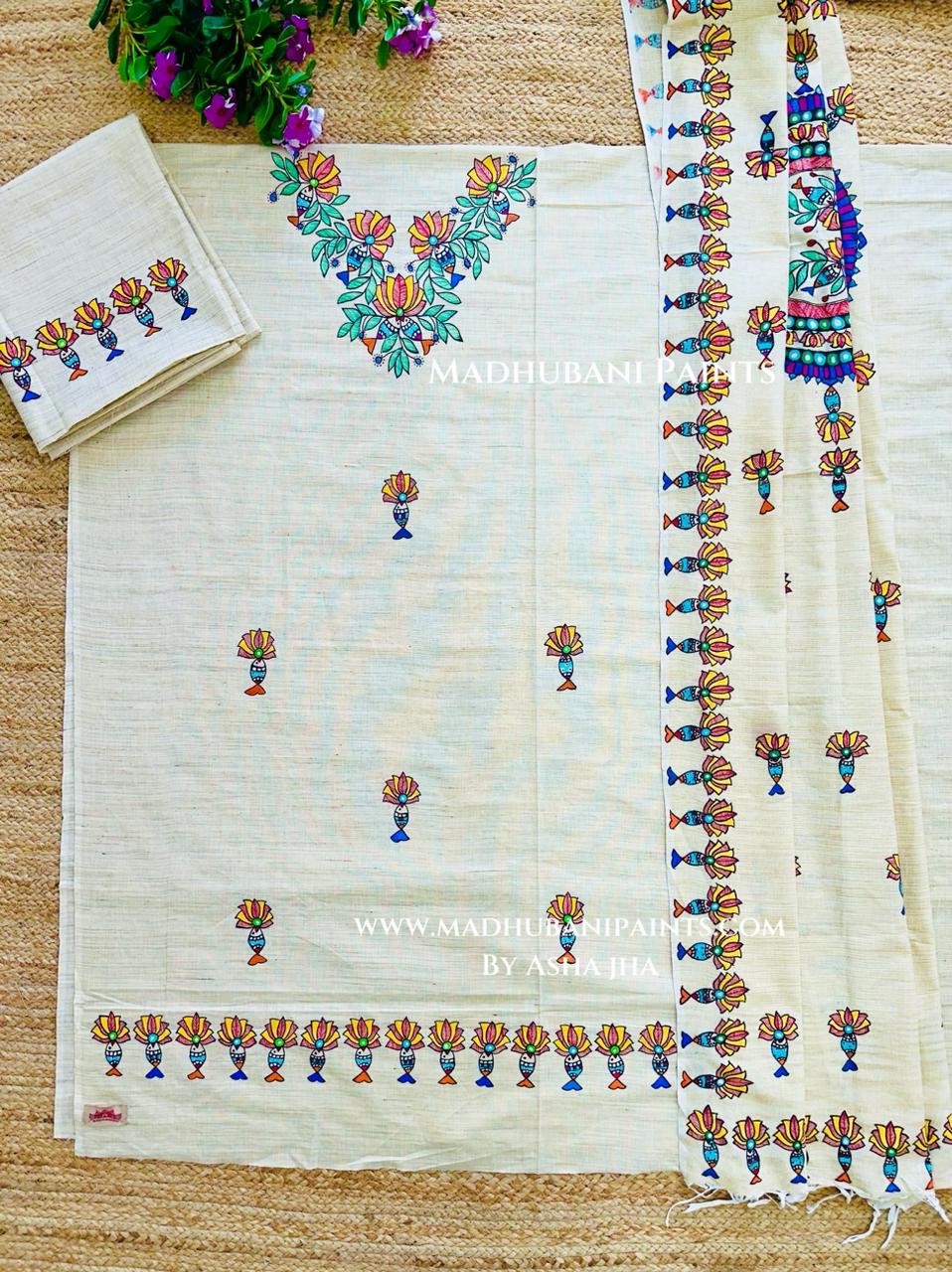 Kamal Nayan Hand-painted Madhubani Painting Cotton Unstitched Kurta Pant Dupatta Set