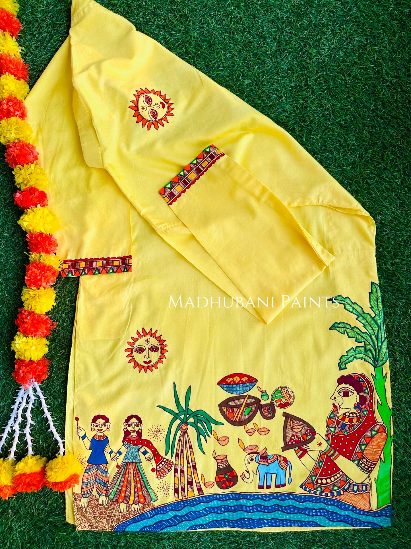 Yellow Chhath Puja Hand-painted  Madhubani Men's Cotton Kurta