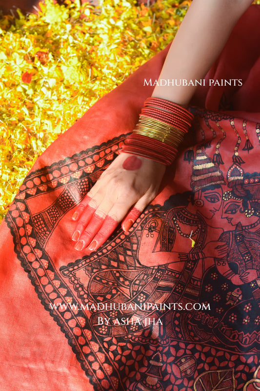 'DULHA DULHIN' Handpainted Madhubani Tussar Silk Dupatta