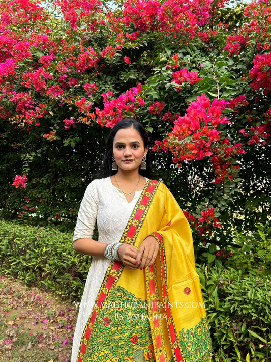 'MITHILANCHAL DOLI' Handpainted Madhubani Tussar Silk Dupatta