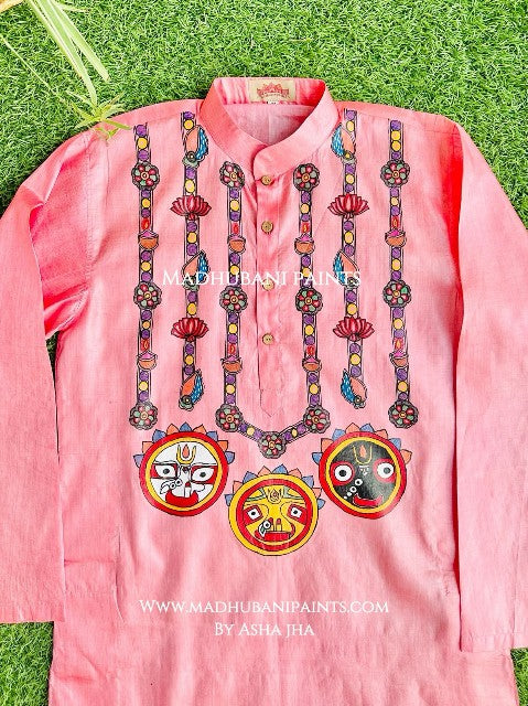 Pink Lord Jagannatha Hand-painted  Madhubani Men's Tussar Silk Kurta