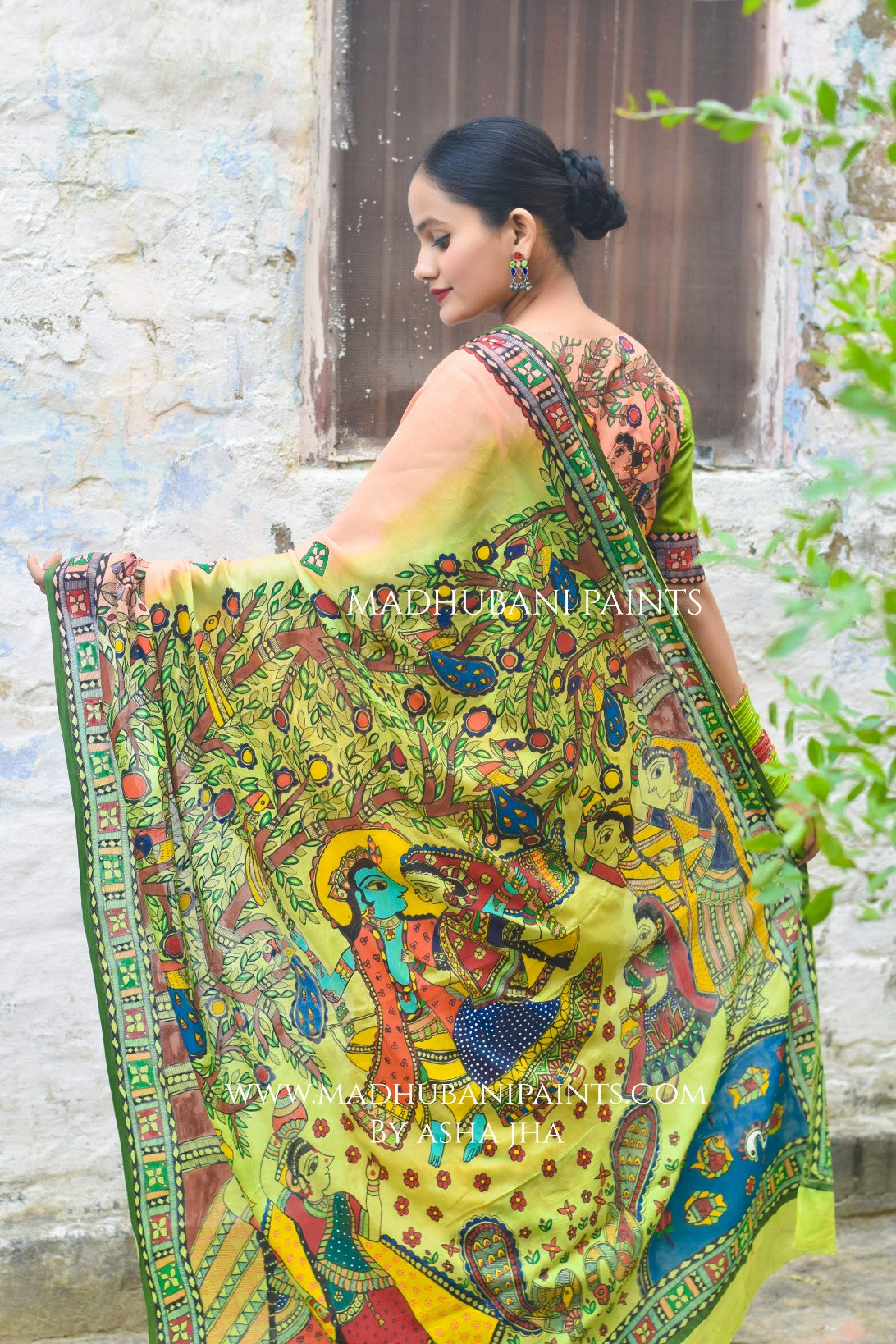 Radha Raman Prem Manjari Hand-painted Madhubani Chiffon Saree