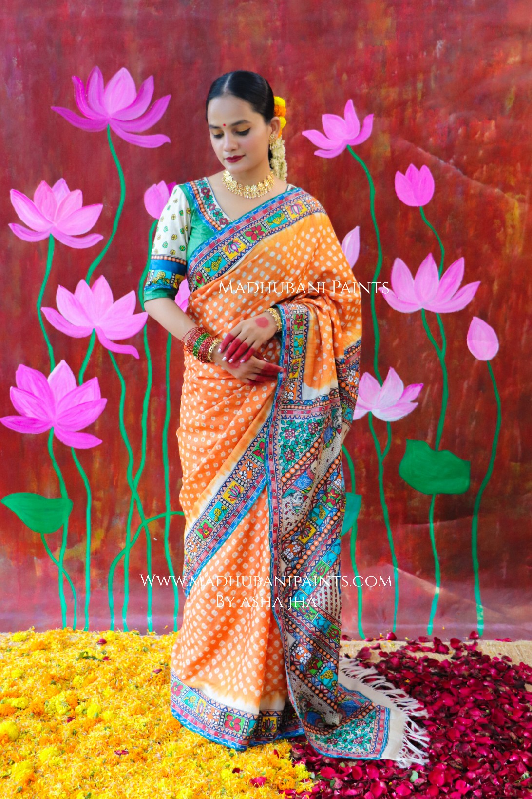 "BHARAT KA DUSSEHRA" Handpainted Madhubani Bandhini Tussar Silk Saree