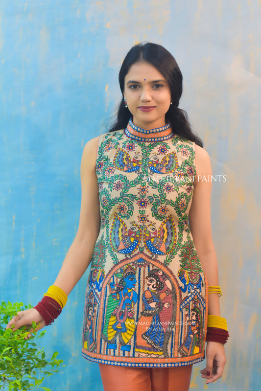 Radha Krishna Milan Handpainted Madhubani Tussar Silk Kurta Pant Set
