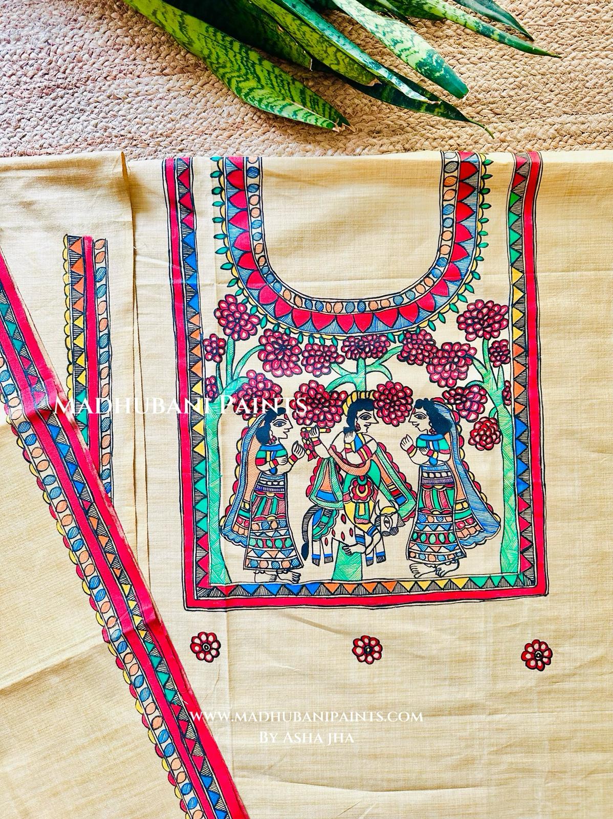 Krishna Leela Hand painted Unstitched Cotton Suit Set