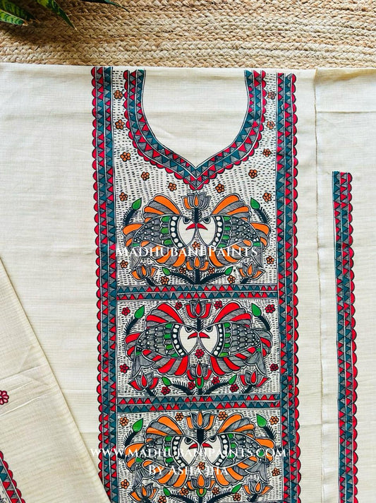 Manjari Hand-painted Madhubani Painting Cotton Unstitched Kurta Pant Dupatta Set