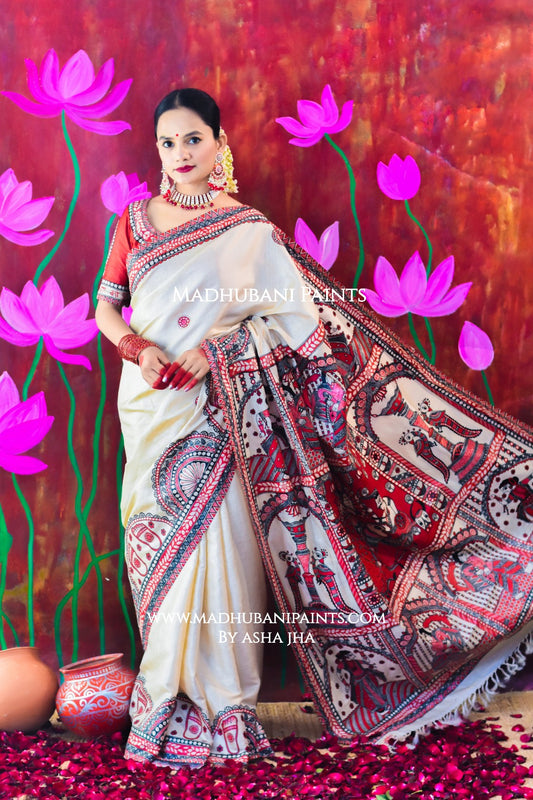 "JAYSHREE" Handpainted Madhubani Tussar Silk Saree