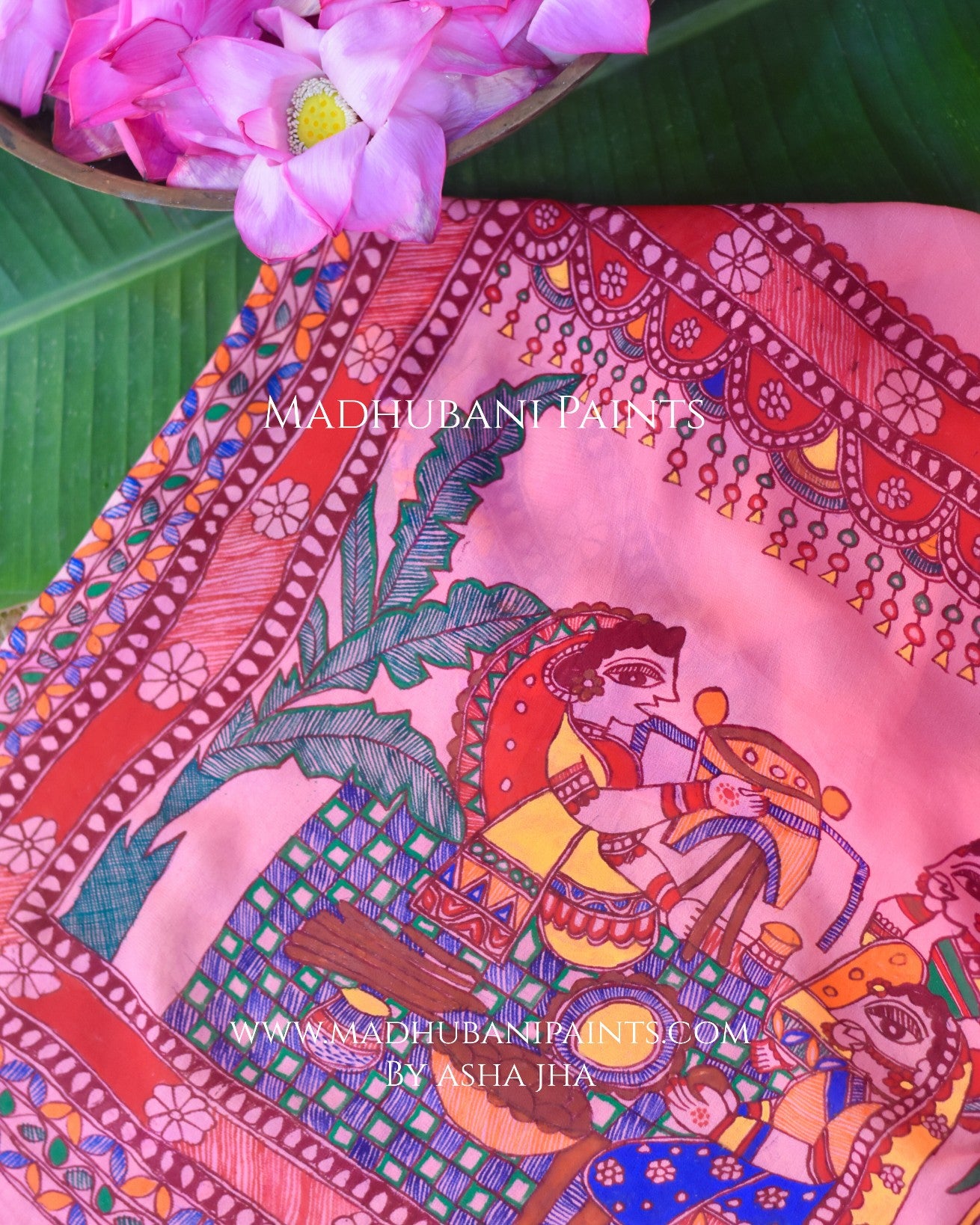 POOJA VIBHUTI Chhath Puja Handpainted Madhubani Georgette Saree