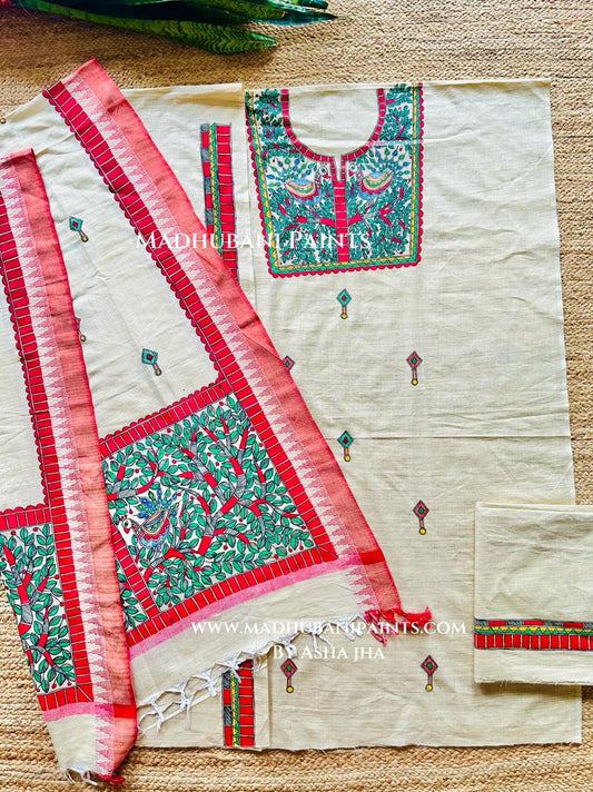 Laal Mayuri Hand-painted Madhubani Painting Cotton Unstitched Kurta Pant Dupatta Set