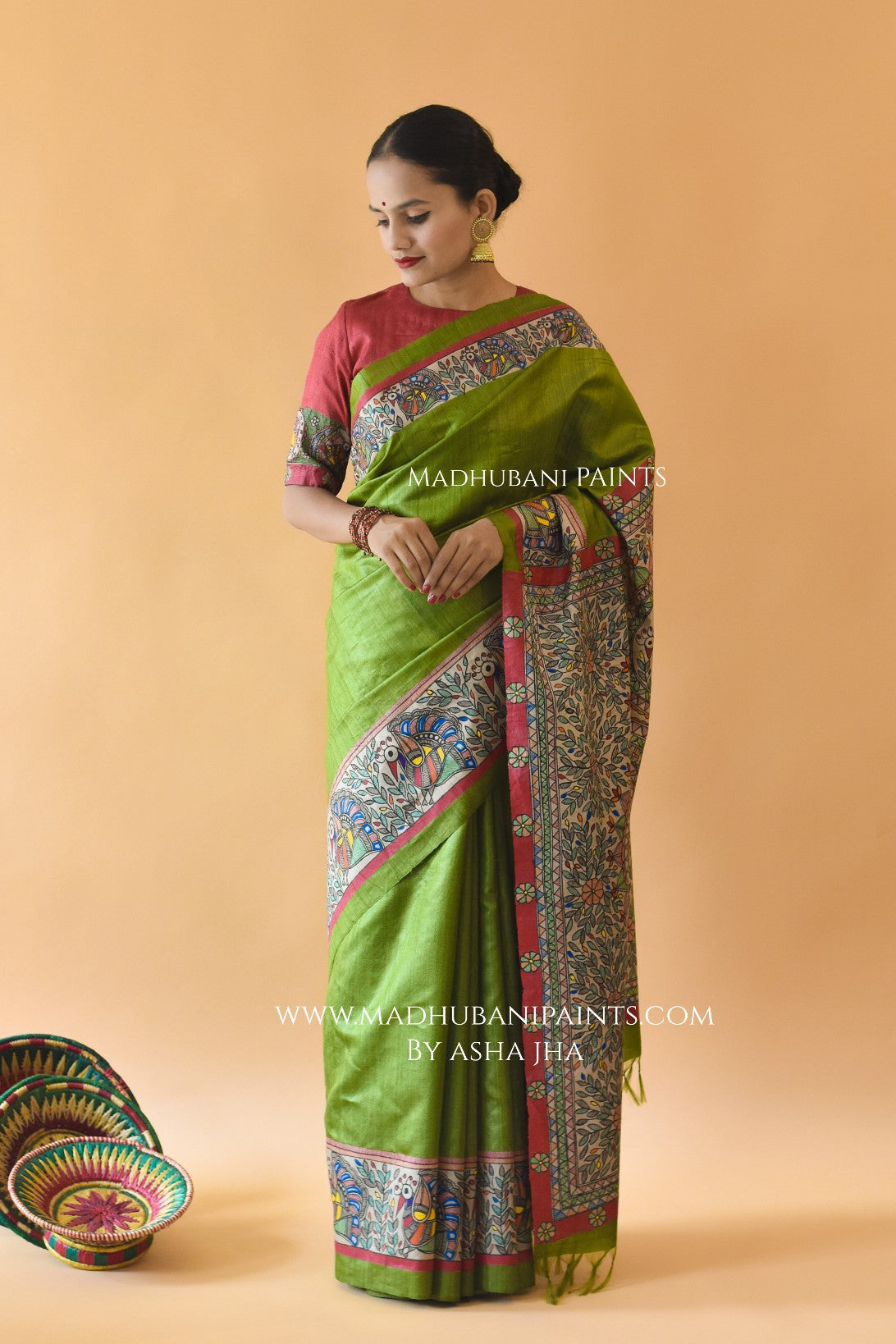 'HARI MORNI' Handpainted Madhubani Tussar Silk Saree