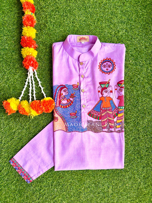 Purple Chhath Puja Hand-painted  Madhubani Men's Cotton Kurta