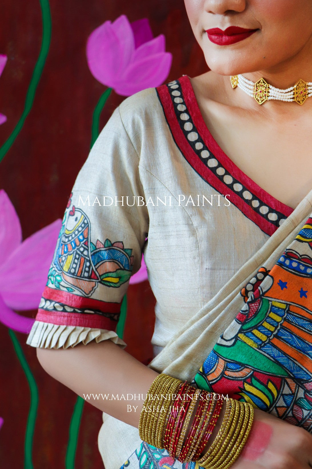 'MALINI' Handpainted Madhubani Tussar Silk Saree Blouse Set