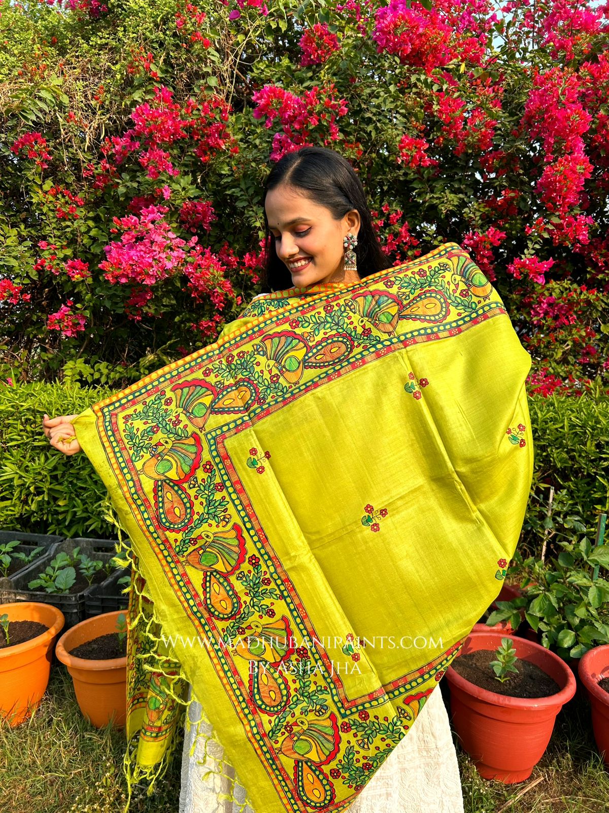 'MADHURAM MAYURI' Handpainted Madhubani Tussar Silk Dupatta