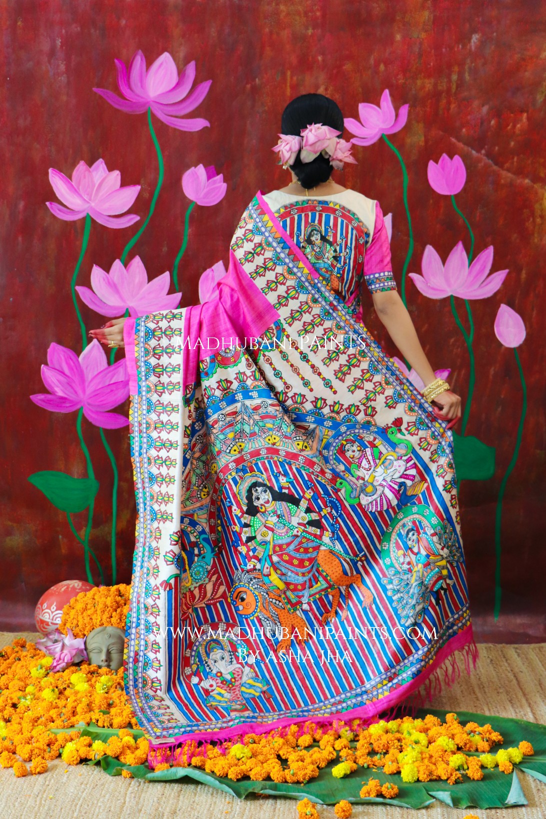 'PADMANABHA SAHODARI' Handpainted Madhubani Tussar Silk Saree