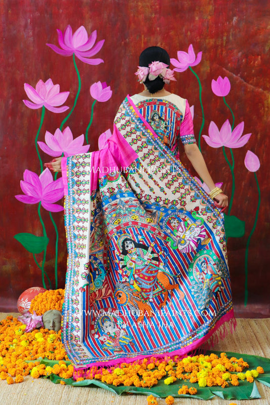 'PADMANABHA SAHODARI' Handpainted Madhubani Tussar Silk Saree